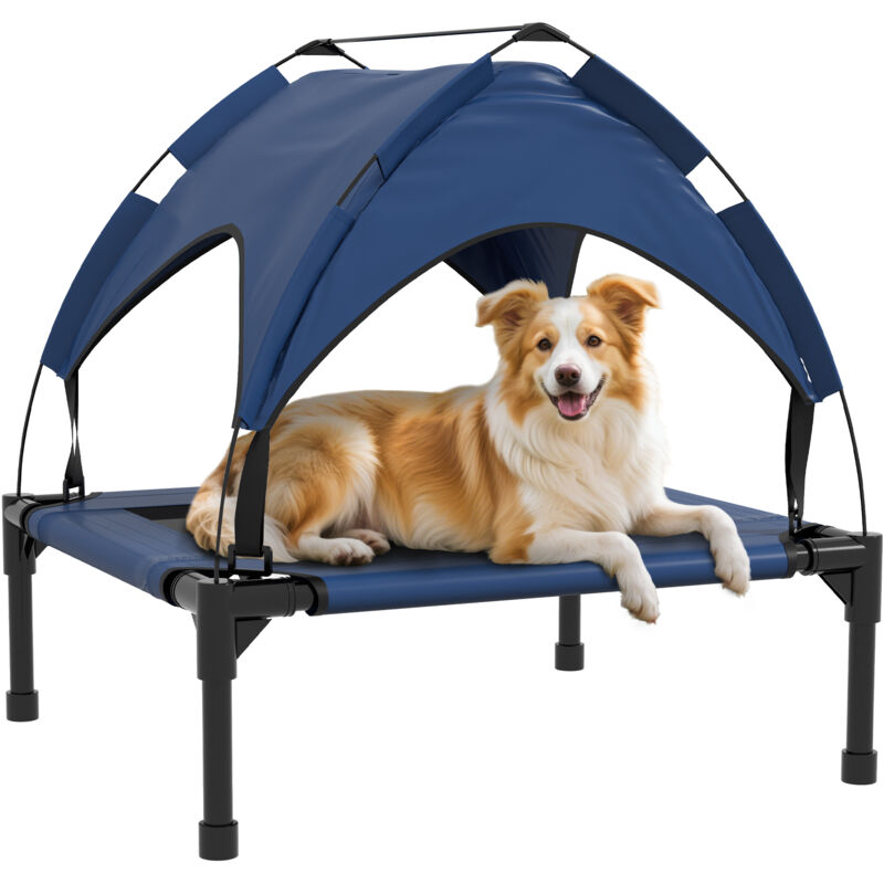 Erhöhtes Hundebett mit Baldachin, Haustierbett, Outdoor Hundeliege mit Dach, Atmungsaktiv, für kleine und mittelgroße Hunde Dunkelblau Oxford 76 x 61