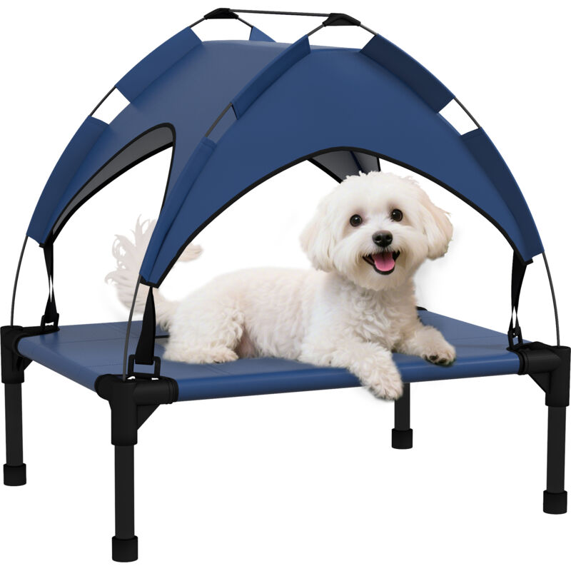 Pawhut - Erhöhtes Hundebett mit Baldachin, Haustierbett, Outdoor Hundeliege mit Dach, Atmungsaktiv, für Mini- und Kleinhunde Dunkelblau Oxford 61 x