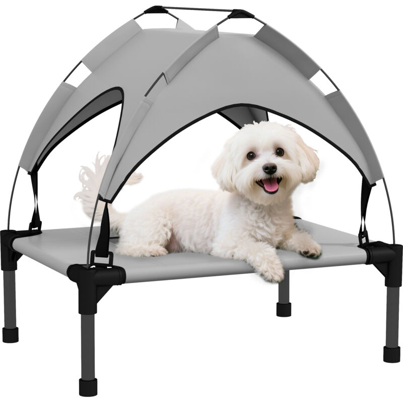 Erhöhtes Hundebett mit Baldachin, Haustierbett, Outdoor Hundeliege mit Dach, Atmungsaktiv, für Mini- und Kleinhunde Hellgrau Oxford 61 x 46 x 63 cm