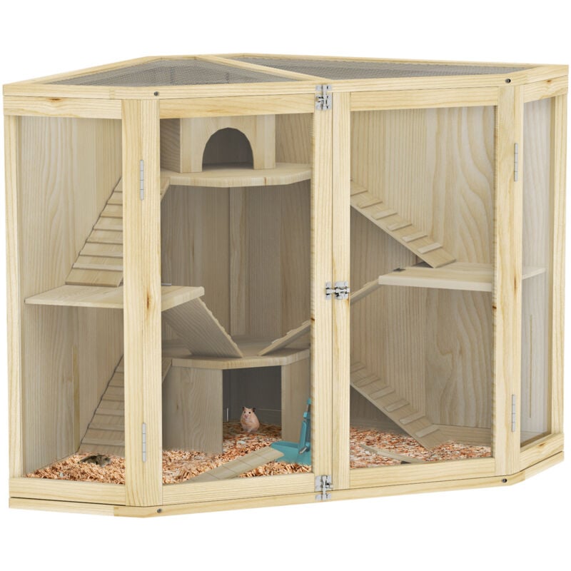 Pawhut - Hamsterkäfig aus Holz, Kleintierstall mit 4 Ebenen, Fütterungsstation, Wippe, Rampe, Hütten, Nagerkäfig Mäusekäfig Kleintierkäfig für Zwerg