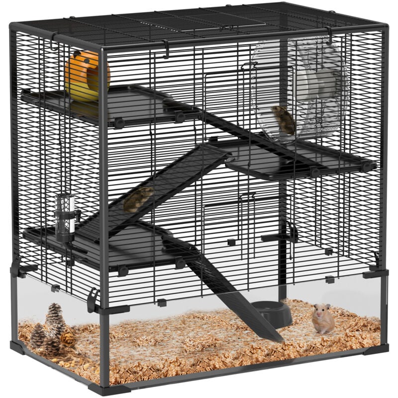 Hamsterkäfig für Zwerghamster, 4-stufiges Nagerkäfig mit Glasboden, Hütte, Laufrad, Rampen, Futterschale, Kleintierkäfig Zwerghamsterkäfig 78,5 x