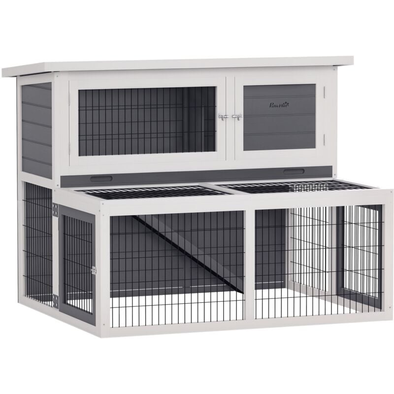 Hasenstall 2 Ebenen mit klappbar Dach Kaninchenstall aus Vollholz Winterfest Doppelstockhaus mit Freilaufgehege 122x95x93,5 cm Kaninchenkäfig Outdoor