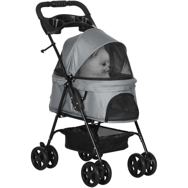 Hundewagen Hundebuggy mit Klappfunktion Pet Stroller für kleine Hunde und Katzen Haustierwagen Katzenbuggy Oxford Grau 67 x 45 x 96 cm - Pawhut