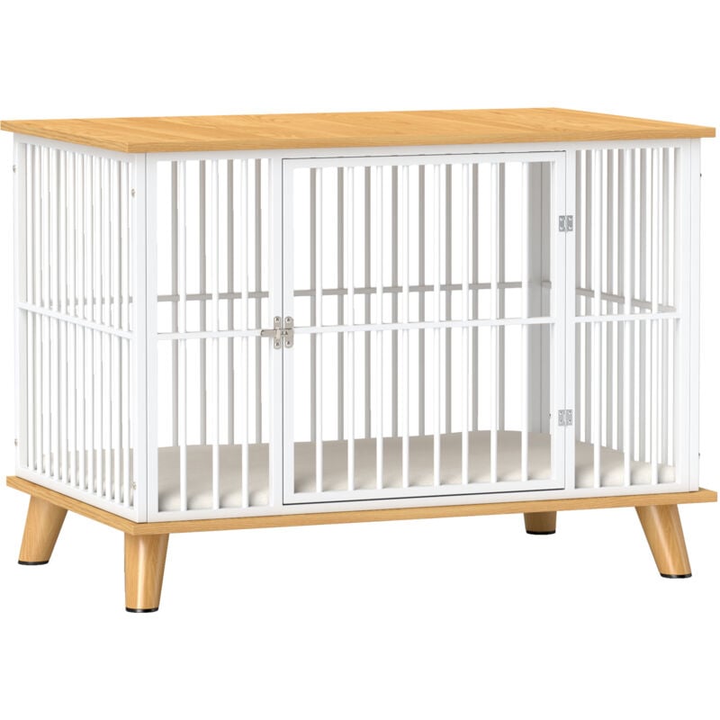 Hundekäfig für Zuhause, Abschließbar Hundehütte mit Kissen, Hundebox mit Tür, Hundehaus für mittelgroße Hunde unter 15 kg, Eiche, 86 x 60 x 70 cm