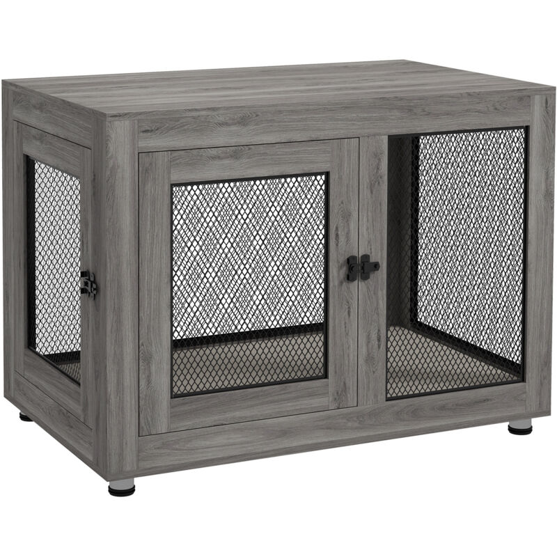 Hundekäfig für Zuhause, Hundebox mit 2 Türen, Waschbaren Kissen, Hundehütte mit Verstellbare Füße, Riegel, für große Hunde bis 30 kg, Grau, 94 x 60 x