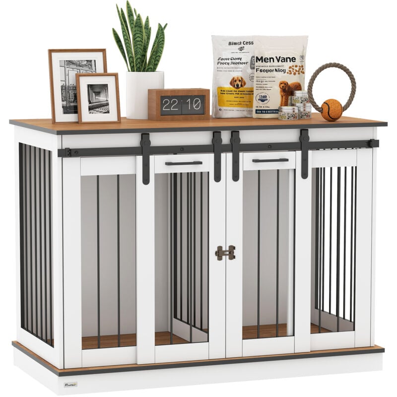 Hundekäfig Möbel mit Zweiraum-Option, 2 Türen moderne Metall Hundebox für Zuhause Indoor Hundehütte für große Hunde bis zu 30 kg Hundehaus 120 x 60 x