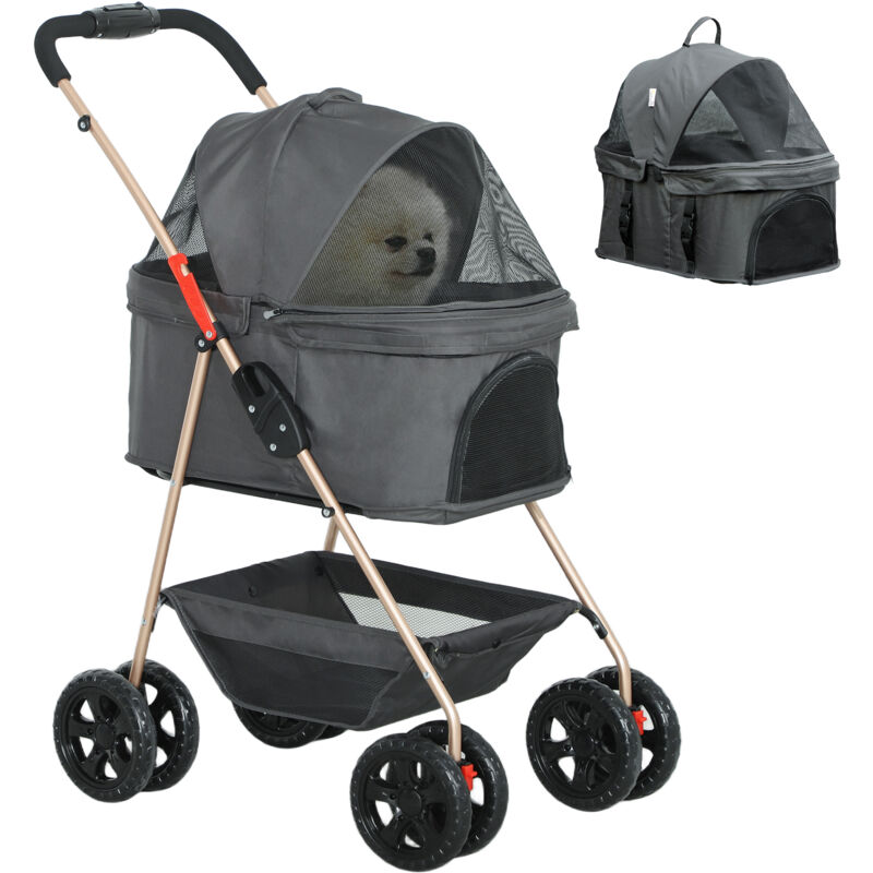Hundewagen 3 in 1 Hundebuggy klappbar für Hunde & Katzen bis 4 kg Katzenbuggy mit Kissen Netzfenstern Getränkehalter Aufbewahrungskorb Katzenwagen