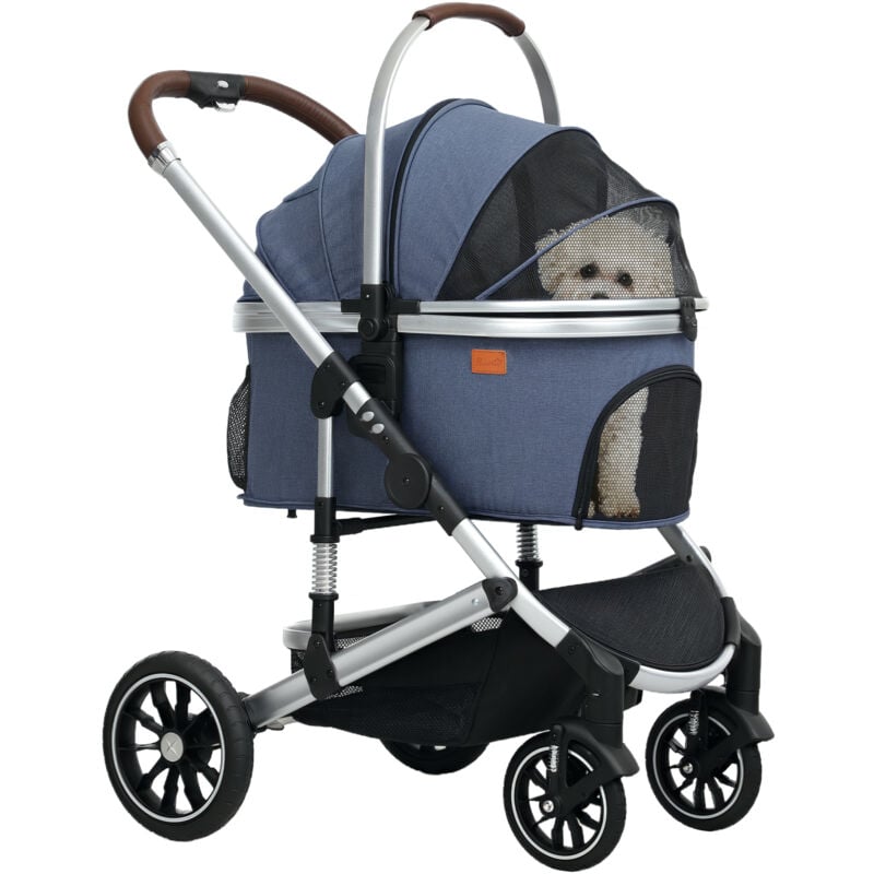 PawHut Hundewagen 3 in 1 Hundebuggy klappbar für Hunde & Katzen bis 10 kg Katzenbuggy mit Kissen Netzfenstern Türen Aufbewahrungskorb Katzenwagen