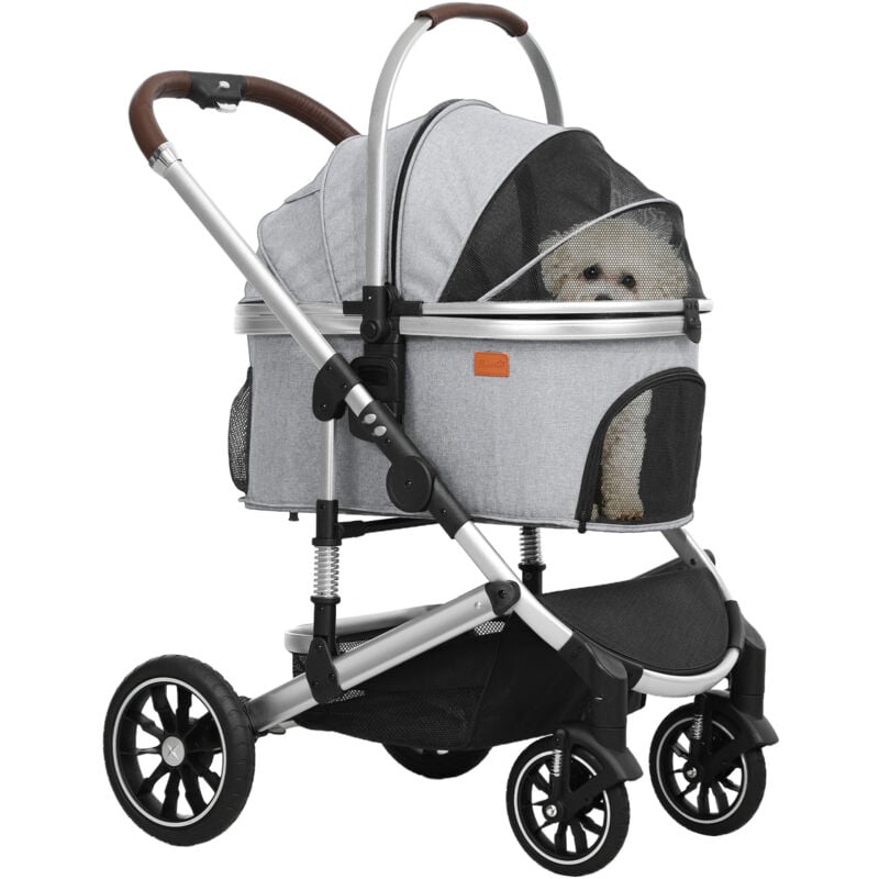 Hundewagen 3 in 1 Hundebuggy klappbar für Hunde & Katzen bis 10 kg Katzenbuggy mit Kissen Netzfenstern Türen Aufbewahrungskorb Katzenwagen Buggy