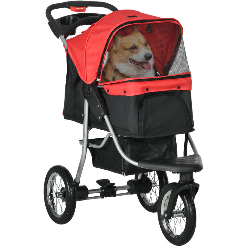 Hundewagen klappbar Hundebuggy für Hunde & Katzen bis 10 kg Katzenbuggy mit Netzfenstern Getränkbehalter Aufbewahrungskorb Katzenwagen Buggy Rot
