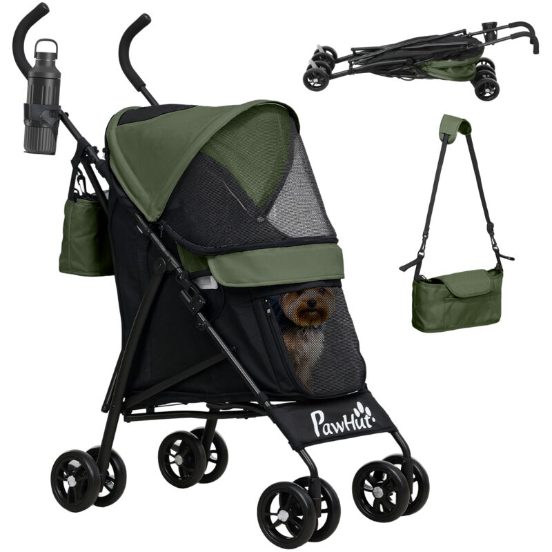 Hundewagen Hundebuggy klappbar für Hunde & Katzen Katzenbuggy mit Netzfenstern, Schultergurt, Aufbewahrungstasche, Becherhalter Regenschirm