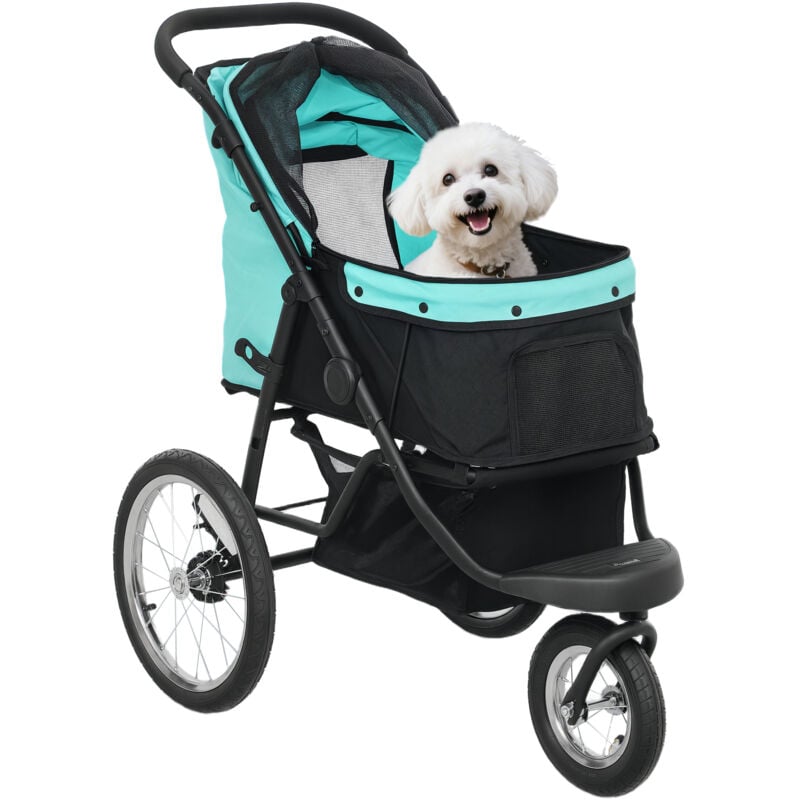 Hundewagen Jogger Hundebuggy klappbar für kleine Hunde & Katzen bis 10 kg Katzenbuggy mit 3 große Gummiräder, Kissen Netzfenstern Aufbewahrungskorb