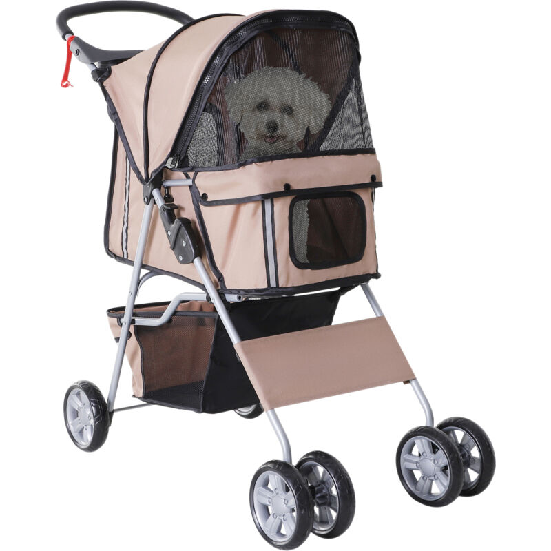 Hundewagen, klappbar Hundebuggy für kleine Hunde und Miniaturhunde, Katzenbuggy mit Aufbewahrungskorb, Becherhalter, Netzfenstern, Haustierwagen