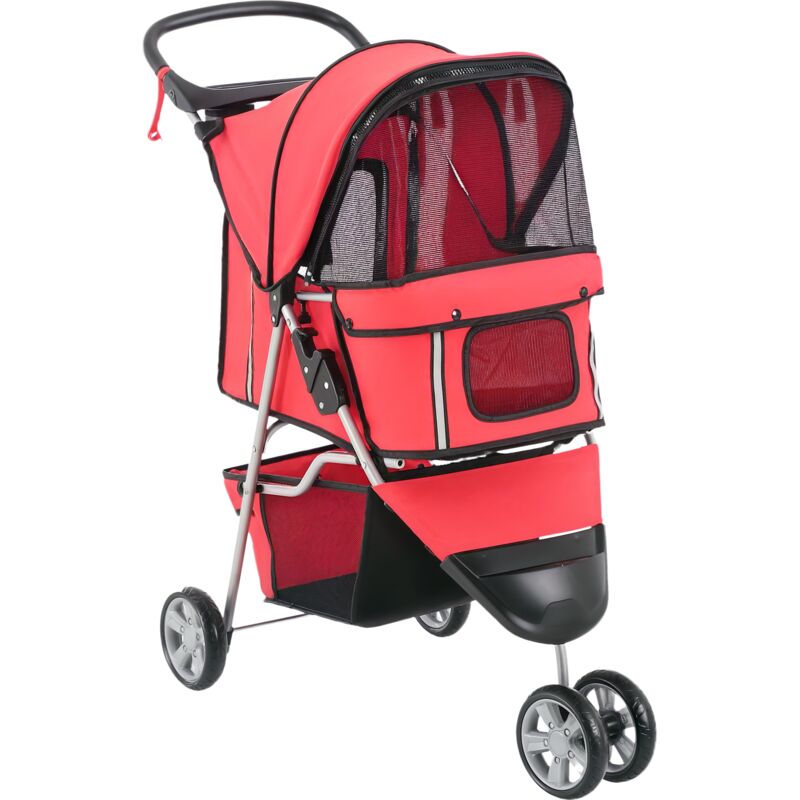 Hundewagen Hundebuggy klappbar für Hunde & Katzen Katzenbuggy mit Kissen Netzfenstern Getränkehalter Aufbewahrungstasche Katzenwagen Buggy Rot