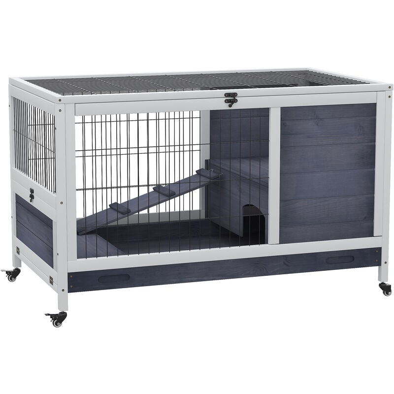 Kleintierstall mit Rädern Kleintierkäfig Meerschweinchenstall Meerschweinchenkäfig Kleintierhaus Tannenholz Dunkelgrau+Weiß 90 x 53 x 59 cm - Pawhut