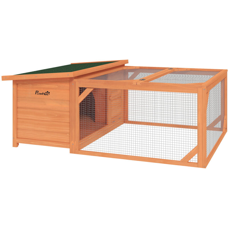 Kleintierstall Zwergkaninchenstall mit öffenbarem Asphaltdach Kleintierkäfig Outdoor Indoor Hinterhof wetterbeständig Tannenholz Orange+Grün 125,5 x