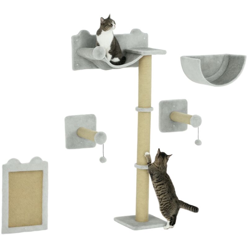 PwaHut Kletterwand Katzen 5-teilig Katzen Kletterwand Set mit Kratzpfosten, Hängematte, Sprungplatt, Wandkratzbaum, Klettern Katzenkratzbaum