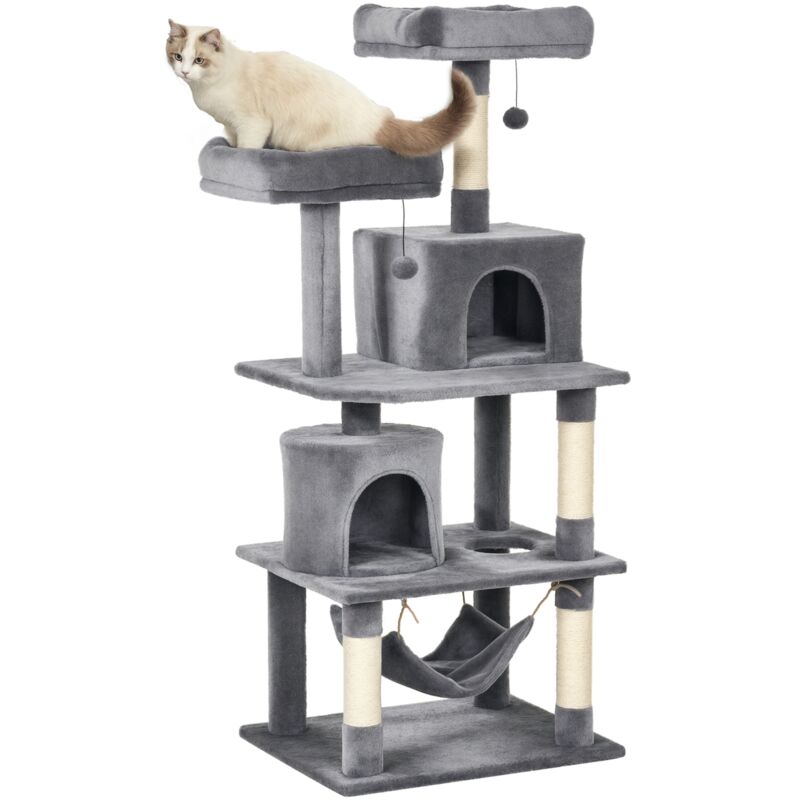 Pawhut - Katzen Kratzbaum groß 145 cm, Katzenbaum mit Hängematte, Kletterbaum für Katzen, Katzenkratzbaum Höhle Katzenmöbel mit Sisalstämmen, Hellgrau