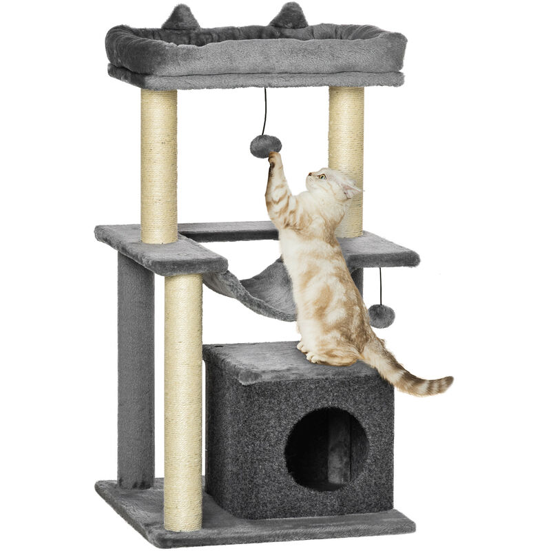 Katzenbaum 90 cm Kratzbaum mit Hängematte Spielbaum Katzenhöhle Plattformen Kletterbaum Katzenkratzbaum Aktivitätskratzbäum Plüsch Sisal Grau - Pawhut