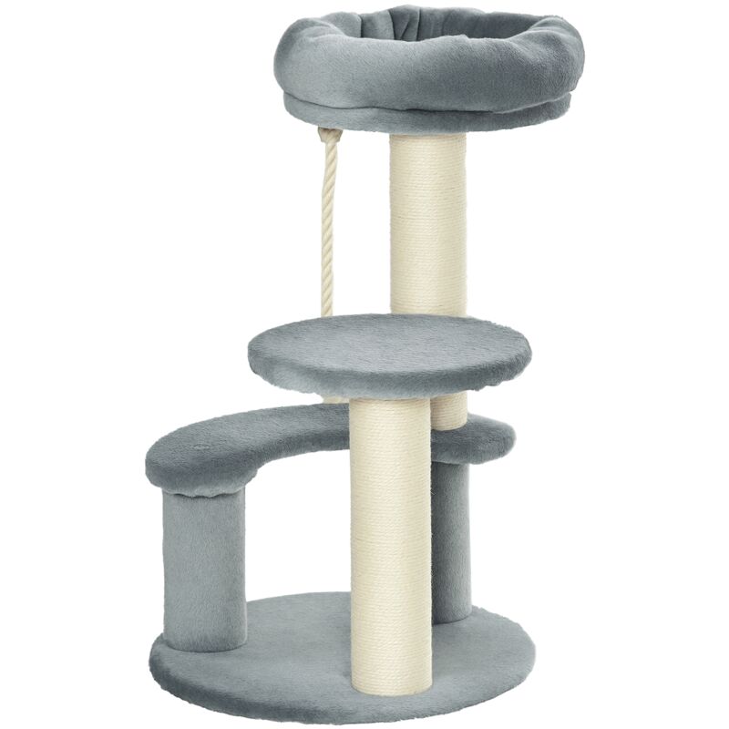 PawHut Katzenbaum Kletterbaum mit Hängematte, 3-Stufiger Spielbaum mit Katzenbett Katzenkratzbaum mit Sitzplattform, Sisalsäulen, Grau Ø40 x H65 cm
