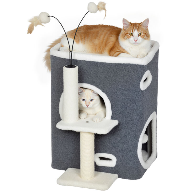 PawHut Katzenkratzbaum, Top-Liegefläche, 2-stöckiges Haus, Sisalpfosten, Grau