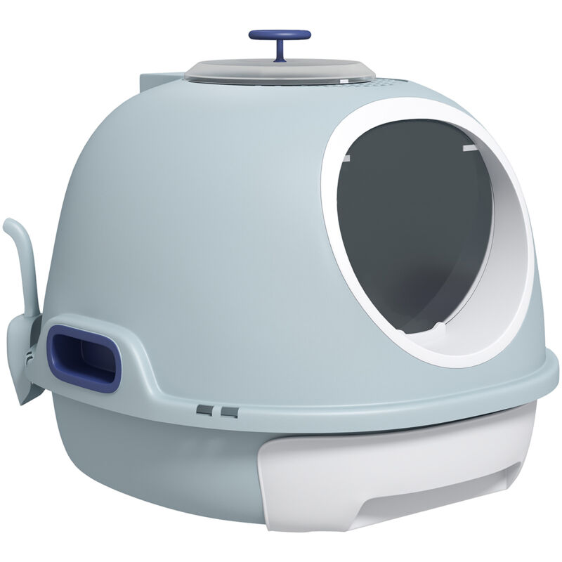 Katzentoilette mit Dachfenster, Katzenklo mit Bodenschale, mit Schaufel, Tragbar, pp abs, See-Blau, 47 x 55 x 44 cm - Pawhut