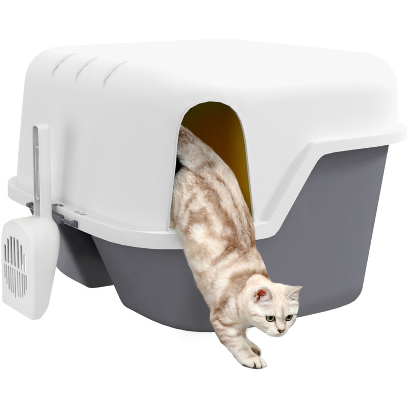 Katzentoilette mit Deckel, Katzenklo mit Sieb, Schaufel, geschlossen Katze Toilettenhaus für kleine Katze unter 3,5 kg, Indoor, Kunststoff, Cremeweiß