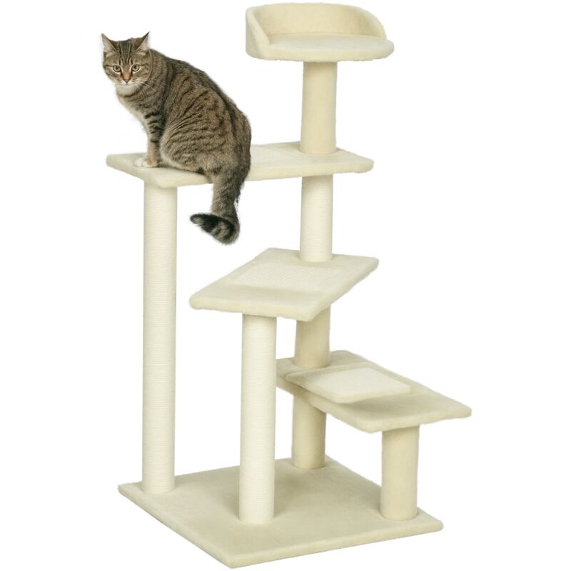 PawHut Kratzbaum 100 cm Katzenturm mit Sisalstämme, große Plattform, mehrstöckiger Katzenkratzbaum, Kletterbaum, für kleine & mittelgroße Katzen,