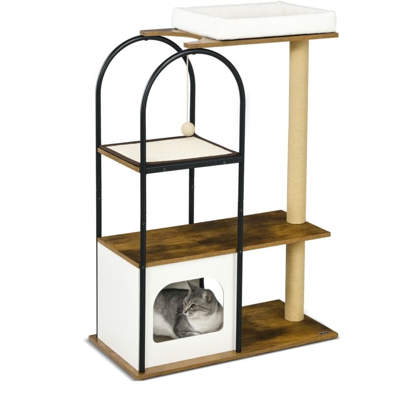 Pawhut - Kratzbaum 118,5 cm Katzenbaum mit Katzenhöhle, Bett, Kratzmatte, Katzenkratzbaum mit Spielball, Kippschutz, für Katzen bis 5 kg,