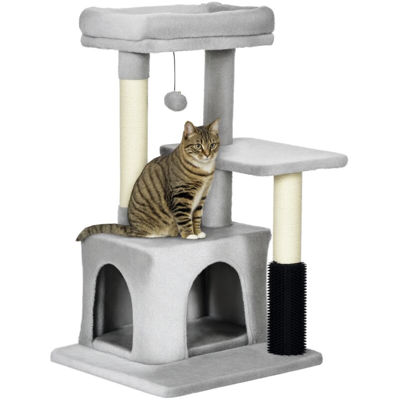 PawHut Kratzbaum Katzenbaum mit Massageecke Katzenhöhle Spielball Katzenkratzbaum Sisalseil-Kratzstangen Hellgrau 48 x 48 x 85 cm