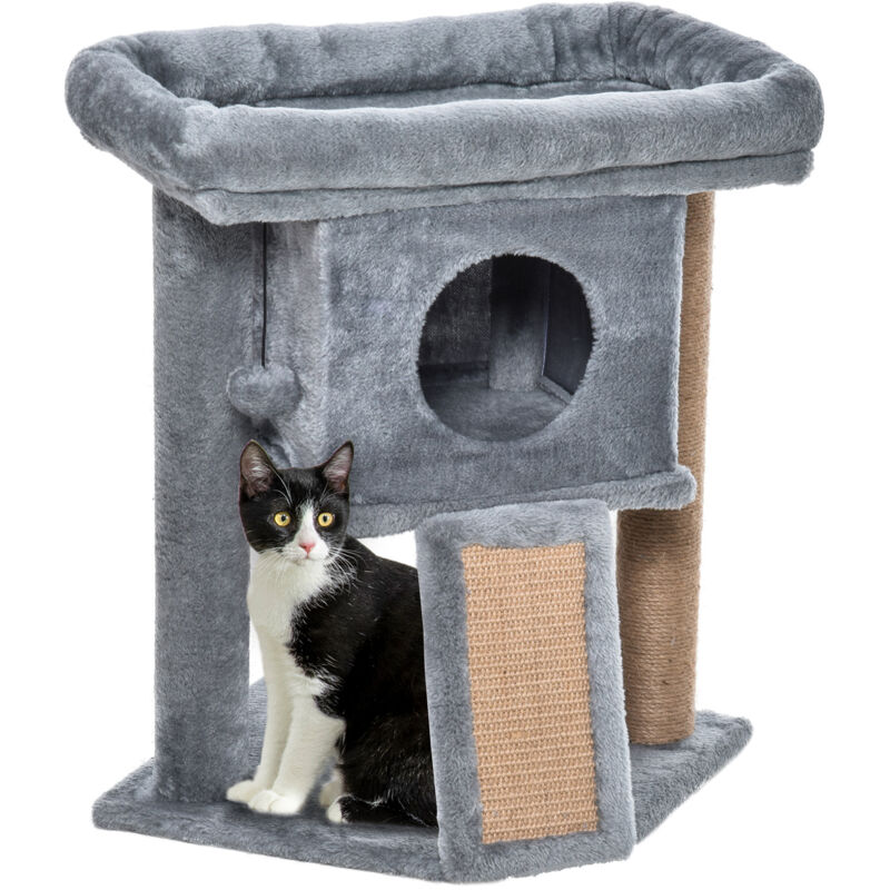 PawHut Kratzbaum 57 cm Kleiner Katzenturm mit Höhle, Spielball, große Plattform, Katzenkratzbaum, Kletterbaum, für Katzen bis 5 kg Hellgrau
