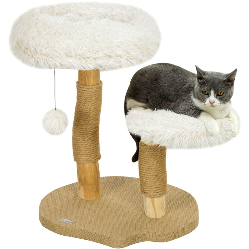 PawHut Kratzbaum 61,5 cm hoch Katzenkratzbaum mit Spielball, Betten, Katzenturm mit Katzenkratzbrett, für Katzen unter 5 kg, Birnbaumholz, Weiß