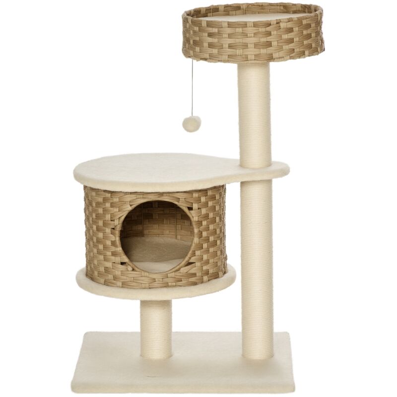 PawHut Kratzbaum 95 cm Katzenturm mit Höhle, Spielball, Sisalstämme, große Plattform, mehrstöckiger Katzenkratzbaum, Kletterbaum, für Katzen unter 5