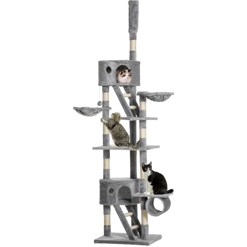 PawHut Kratzbaum deckenhoch Höhe 240-260 cm Katzenbaum mit Plüschbälle, Katzenhöhle, Hängematte, Sisalstämme, Plattformen mehrstöckiger