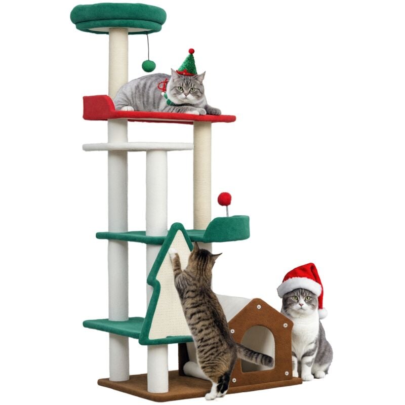 Pawhut - Kratzbaum in Weihnachtsfarben, 135 cm Katzenbaum mit 6 Ebenen, Katzenkratzbaum mit Katzenhöhle, Spielball, Sisal-Kratzsäulen, für 1-2 Katzen