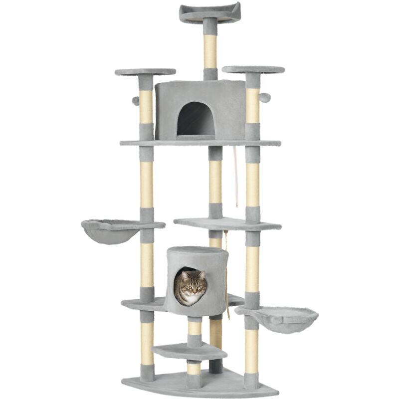 Pawhut - Kratzbaum 200 cm Katzenturm mit Höhle, 2 Spielball, Sisalstämme, Plattform, Hängenmatte, mehrstöckiger Katzenkratzbaum, Kletterbaum, für