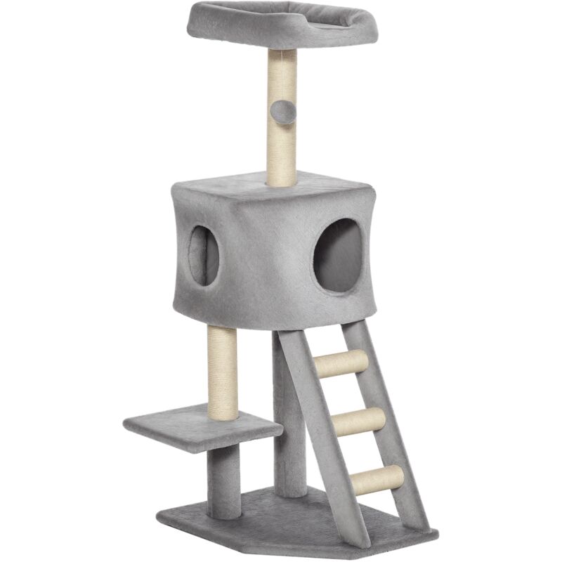 PawHut Kratzbaum 120 cm Katzenturm mit Höhle, Spielball, Sisalstämme, Plattform, Treppe, mehrstöckiger Katzenkratzbaum, Kletterbaum für Katzen,