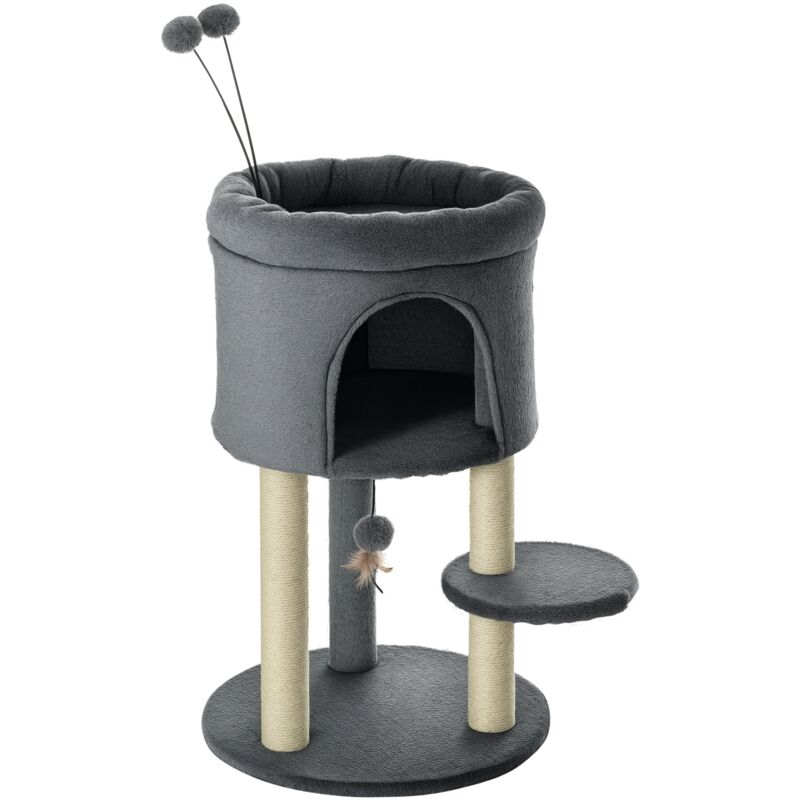 Pawhut - Kratzbaum 73,5H cm Katzenbaum mit Katzenhöhle und Spielball Kletterbaum Sisalsäule Katzenspielzeug Plüsch Grau+Cremeweiß