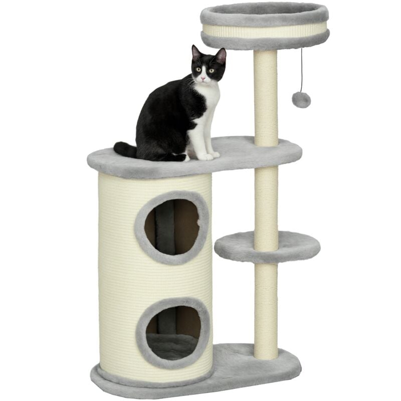 Kratzbaum, 100 cm, Kletterbaum mit Kratztonne, Katzenkratzbaum, Katzenbaum mit Sisalsäule und Spielball, Katzenmöbel mit Kissen, Plüsch, Grau - Pawhut