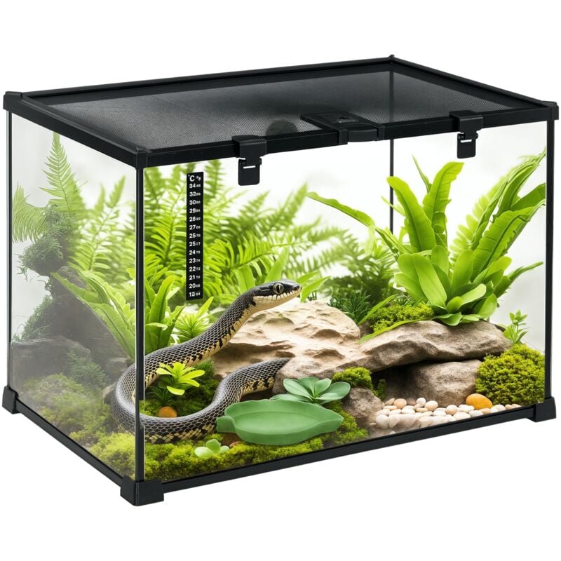 Terrarium für Reptilien Reptile Fütterungsbox Glasterrarium Amphibien Spinnentiere mit Thermometer Reptilienzuchtbox Metall Schwarz 50 x 30 x 35 cm