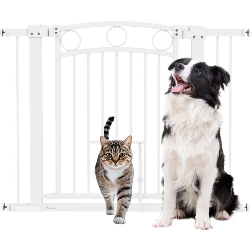 Pawhut - Türschutzgitter für Hunde, 76-104 x 77 cm Treppengitter ohne Bohren, schließbar Treppenschutzgitter mit bidirektionaler Katzentür,