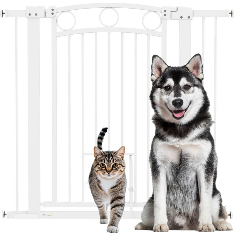 PawHut Türschutzgitter Treppenschutzgitter Türgitter ohne Bohren Treppengitter für Breiten 76-104 cm Einhändiges Öffnen Stahl Weiß