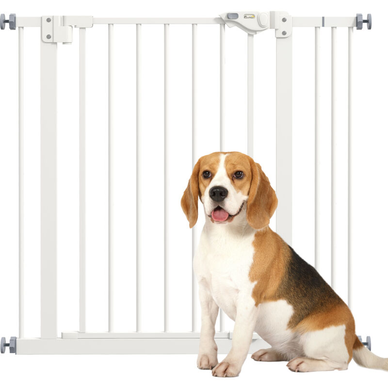 PawHut Türschutzgitter Treppenschutzgitter mit 7 cm Verlängerung Türgitter ohne Bohren Treppengitter für Breiten 74-87 cm Beidseitig Schwenkbar