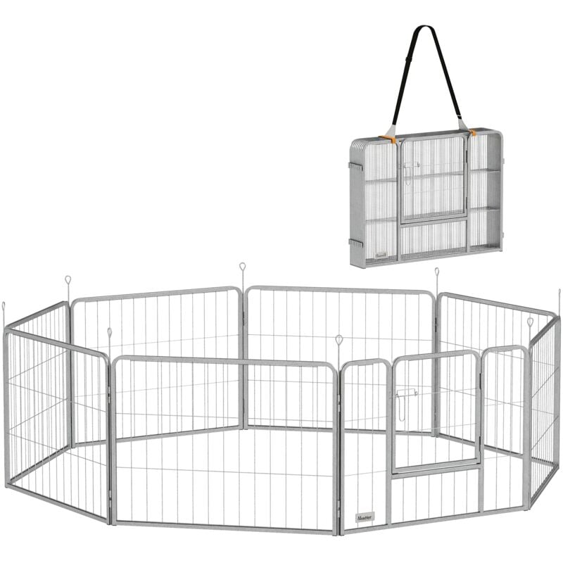 PawHut Welpenlaufstall 8-TLG Welpenauslauf mit 8 Gitterplatten Tür Erdspießen flexibel Schutzplane Freilaufgehege 60 cm hoch Hundelaufstall Laufstall