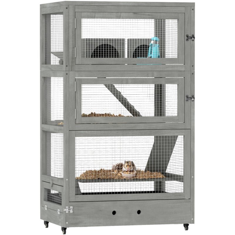 Hamsterkäfig aus Holz, 65 x 45 x 109 cm Mäusekäfig Nagerkäfig mit Hütten, Wippe, Palette, Futterschalen, 4-Stufig Kleintierkäfig mit Schloss, Rampen,