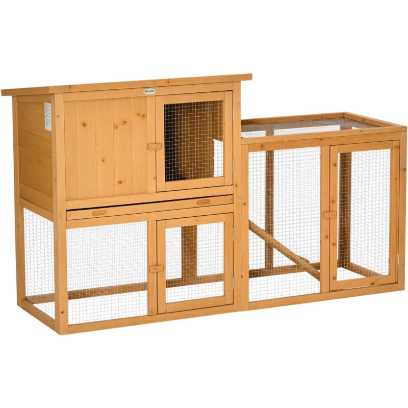 Kaninchenstall Kleintierstall mit herausnehmbarer Bodenwanne und Rampe Kleintierhaus Kleintierkäfig Outdoor Indoor Tannenholz Orange 141 x 60 x 86 cm