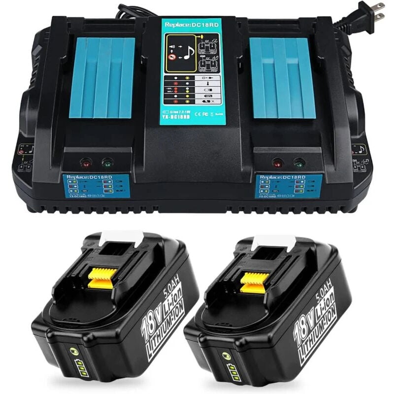 Pdstation - 2X 5.0Ah 18V Li-Ion Ersatzakku für Makita BL1860B + 3.5A 14.4V-18V DC18RD Ladegerät für Makita Akku 18V BL1860B BL1860 BL1850B BL1850