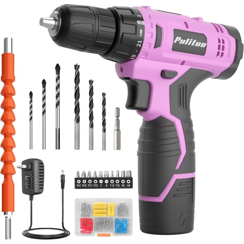 Perceuse sans fil Pulituo 12 v, mandrin sans clé 3/8 po, tournevis électrique rose, réglage de couple 21+1 (rose)