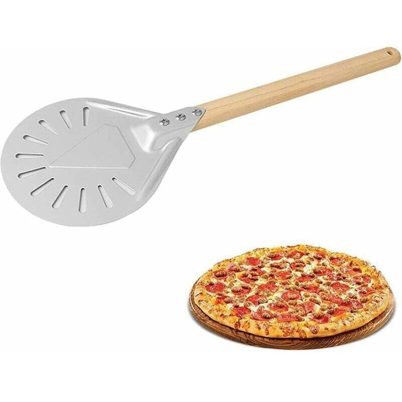 Perforierte Pizzaschaufel, 7/8 Zoll Holzgriff Antihaft-Pizzaschaufel Aluminium-Pizzapaddel Drehschaufel für Pizzaofen für hausgemachte Pizzabäcker 7
