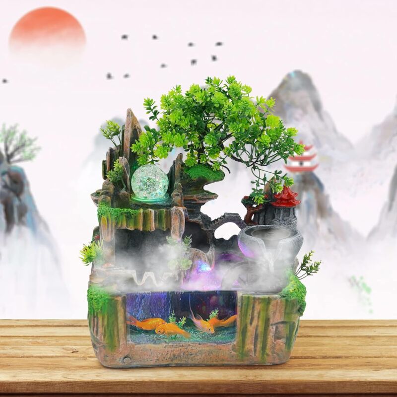 Pflanze Zimmerbrunnen Wasserfall led Beleuchtung Mehrfarbig, Garten Aquarium Harz Desktop Brunnen mit Nebel Tischplatte Wasserbrunnen Wasserfall